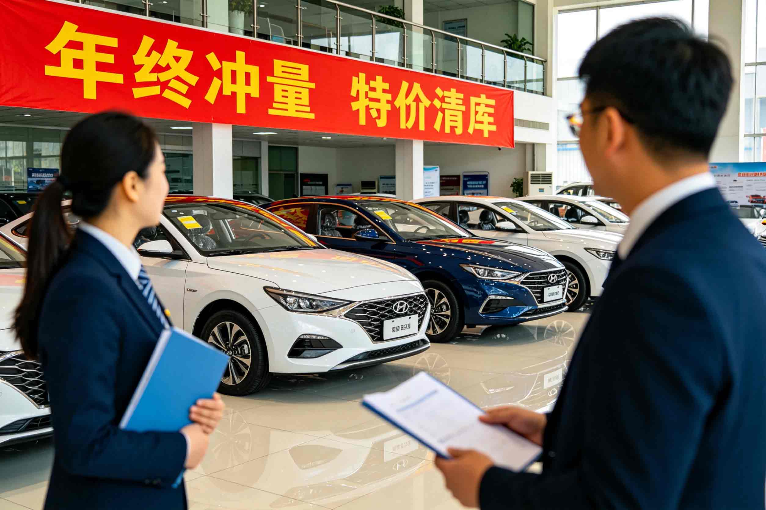 nside a Chinese 4S dealership during a year-end clearance event, showcasing the domestic price floor B2B buyers target before the December shipping deadline.