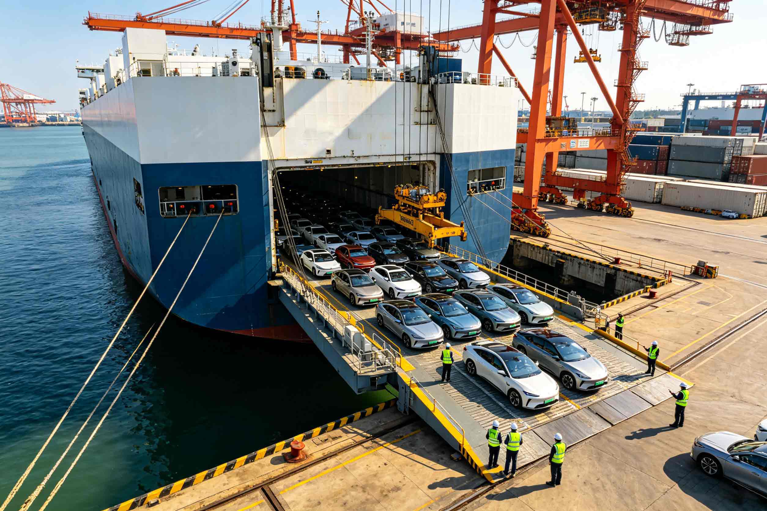Roll-on roll-off vessel loading brand-new Chinese NEVs at a major export port, illustrating the optimal shipping window for overseas B2B importers.