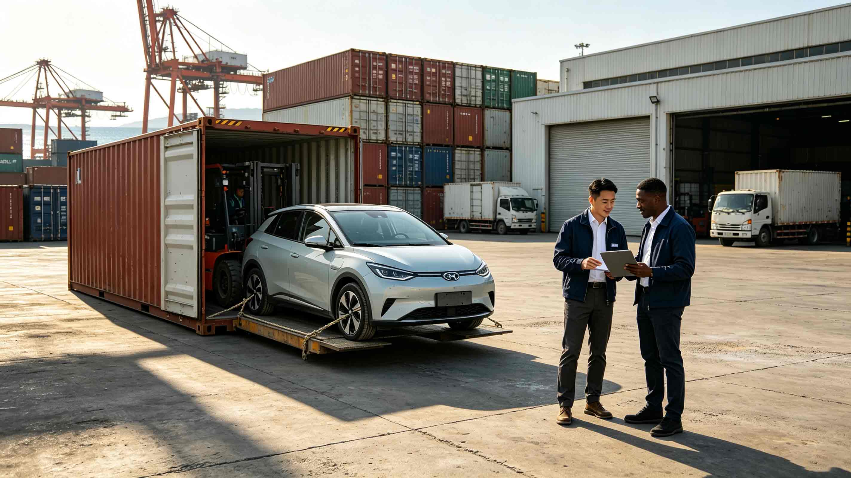 20ft shipping container being loaded with certified used electric vehicles for export to Africa from China.