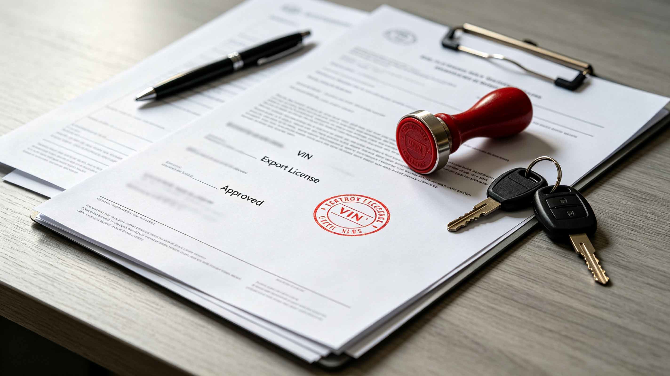 Close-up of official export documents including MOFCOM license and Certificate of Conformity for used EV export.
